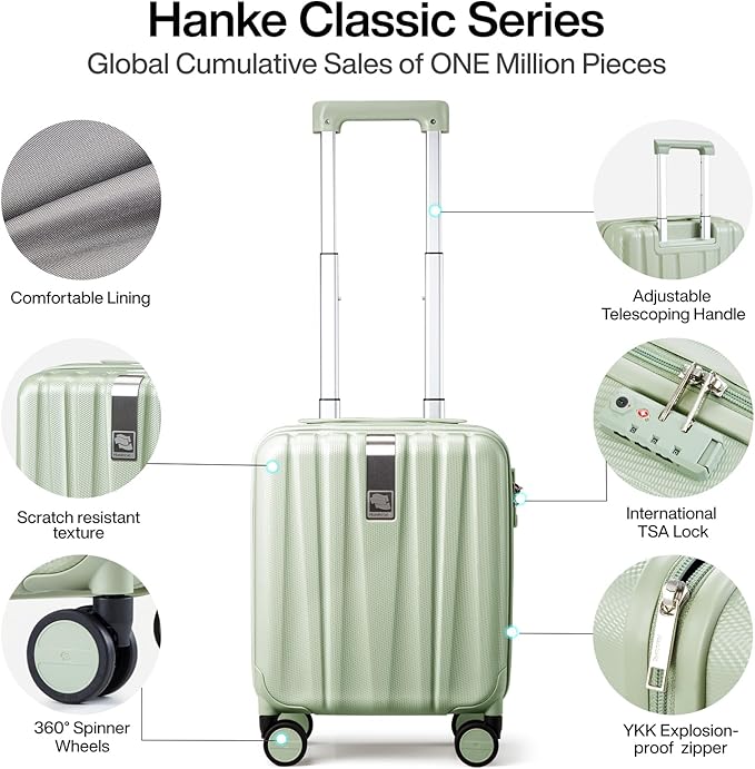 Hanke 14 Inch Underseat Carry On Luggage with Wheels Hard Shell Suitcases Carry On Bag Lightweight Small Mini Suitcase Travel Luggage for Travel（Bamboo Green）