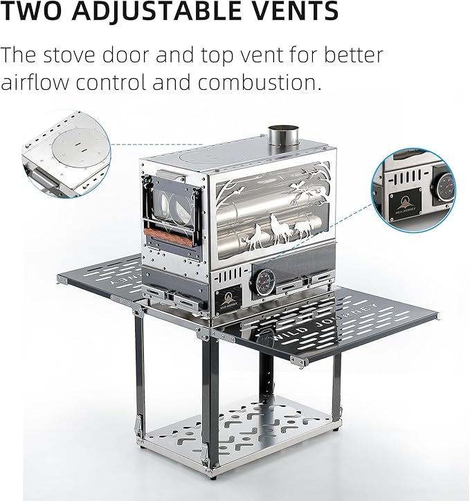 M8 Wood Burning Stove with Oven & Camping Table, Stainless Steel Portable IGT Hot Tent Stove, Including 6 Chimney Pipes, for Camping, Tents, Cooking and Travel (Silver)