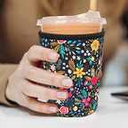 Reusable Insulated Neoprene Iced Coffee Cup Sleeve, Durable Drink Sleeve for Cold Beverages, Beverage Holder for Iced Coffee, Lush Blossom