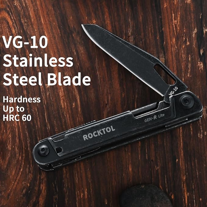Multitool Gen-R Lite, Retro Black EDC Pocket Knife VG10 Blade, Compact 15-in-1 Multi-tool with Screwdriver, Large Scissors, Glass Breaker, Leather Sheath, Lightweight for Hiking, Camping