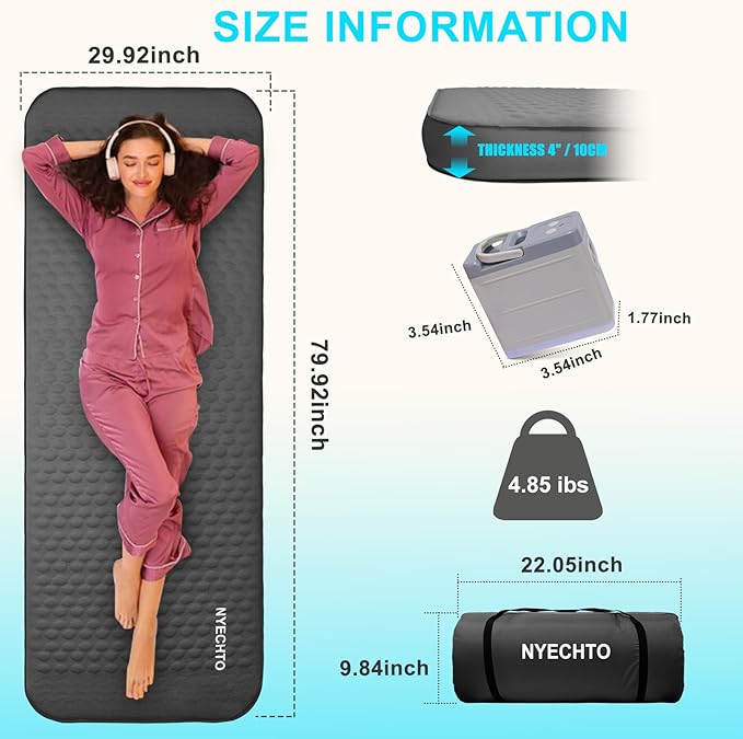 Self Inflating Sleeping Pad with Electric Pump, 4" Thick Ultralight Memory Foam Camping Mattress, Telescopic & Compact, Fast Inflate Insulated Camping Air Mats for Car Travel/Tent/Cot, Grey