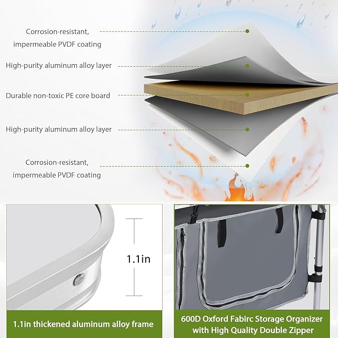 Camping Table, Folding Camping Table with Storage, Portable Kitchen Table, Lightweight, 3 Heights Adjustable Camping Furniture for BBQ, Picnic, Camping, Hiking, Beach, and Indoor