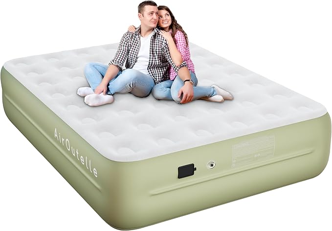 Air Mattress with Battery Pump, Rechargeable USB-C Electric Pump, Dutch Velvet Surface Self Inflatable Mattress Queen, Portable Air Bed for Camping, Indoor and Outdoor (18" Green)