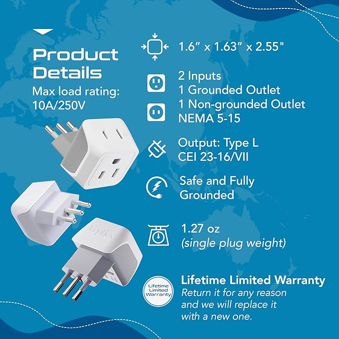 Ceptics Italy Travel Plug Adapter, Chile Plug Adapter with Dual USA Input, Compact Type L Plug Adapter, Safe Grounded Plug, Perfect for Cell Phones, Laptops, Chargers, 3 Pack - CT-12A