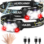 9 LED Headlamp Rechargeable 2 Pack, 2000 Lumens Super Bright Head Lamp with Red Light, 10 Modes, Motion Sensor and Adjustable, IPX5 Waterproof Headlight for Camping Hiking Running