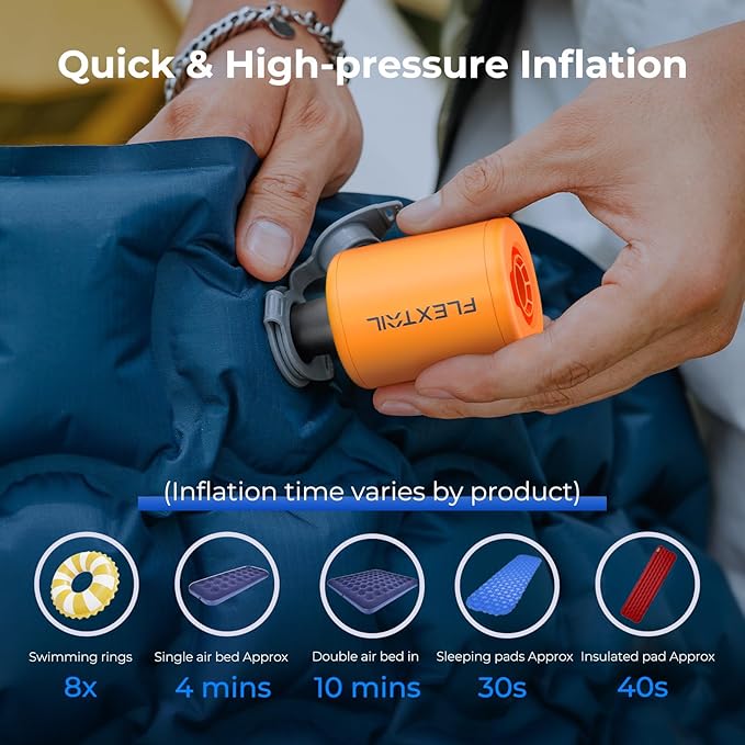 FLEXTAILGEAR Portable Air Pump - Tiny Pump 2, Electric Air Pump for Inflatables 2.8oz Battery Inflator Rechargeable Air Mattress Pump for Sleeping Pads, Pool Floats, Swimming Rings Orange