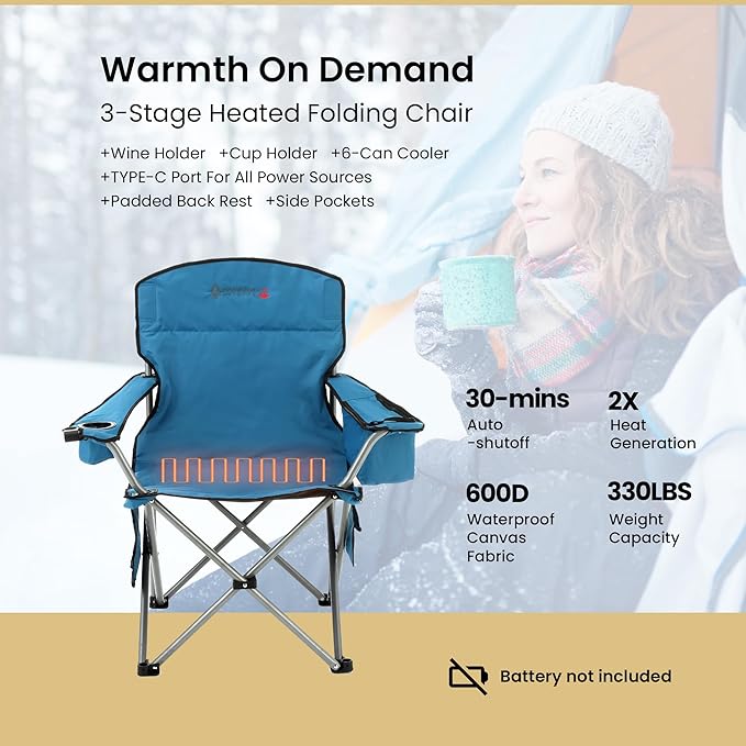 ARROWHEAD OUTDOOR 2-Pack Heated Folding Camping Chair with Cooler, 3 Heat Settings, Cup & Wine Glass Holder, Carrying Bag, Battery NOT Included, Supports up to 330lbs