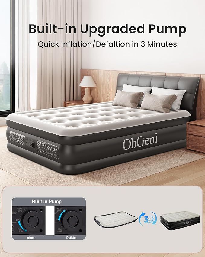OhGeni Air Mattress Full with Built-in Pump,18'' Comfortable Blow Up Colchones Inflables Mattress for Home,Guests,Foldable,Portable Bed for Adults,Durable Airbed Supports Up to 600 lbs,Black