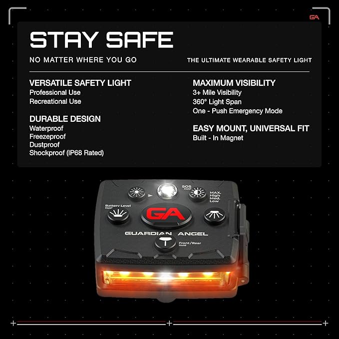 Guardian Angel Micro Series Safety Lights, Beacon Device (Orange Front & Orange Rear) | Rechargeable, Magnetic, Hands-Free Wearable LED Light for Dog Walking, Cycling, Hiking & Camping