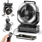 Socool Camping Fan with Light - 20000mAh Rechargeable Battery Fan, 112Hrs Max Run Time, 9 Speeds, Digital Display, Timer, Auto Oscillation, 270° Pivot & Hook for Camping, Power Outage, Hurricane