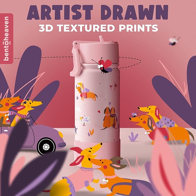 Bentoheaven Kids Water Bottle Stainless Steel for Boys & Girls, 2 Lids (Chug & Straw), Handle & Silicone Boot, Reusable Metal Leak-proof Insulated Tumbler, School & Sports 17oz (Pink)