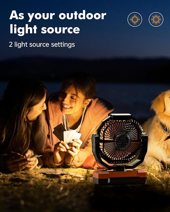 3-in-1 Camping Fan - Detachable Rechargeable Battery Operated Fan with Light & Hook for Tent, Outdoor - USB Table Fan with 4 Speeds for Picnic, BBQ, Fishing, Travel, Hurricane