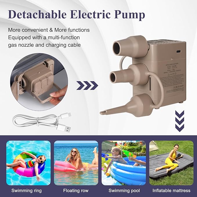 KMZ Inflatable Air Mattress with Built-in Electric Pump -Self Inflatable/Deflation Blow Up Mattress in 90 Seconds- Flocked Top Carbed with Carry Bag for Travel, Camping