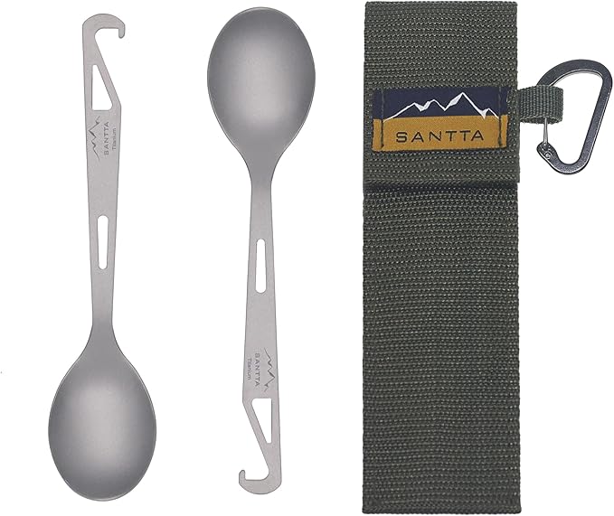 SANTTA Titanium Camping Spoon Set of 2 Piece, Spoon and Bottle Opener 2-in-1 Design, Lightweight Ti Utensils with a Pouch and Carabiner for Outdoor Camping Backpacking Hiking and Travel