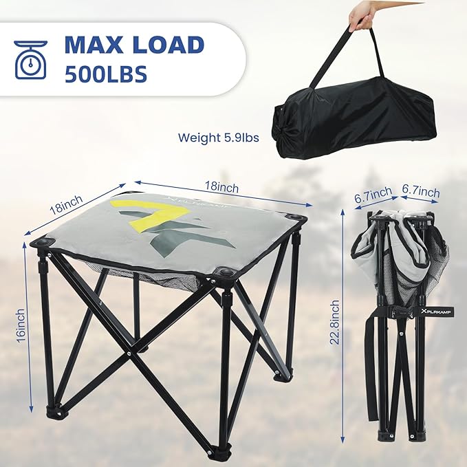 Padded Camping Stool, 18 Inch Oversized Camping Foot Rest, 500lb Camping Chair Outdoor Footstool Camping Ottoman Foldable Footrest for Camping Gardening w/Storage Net, Carry Bag (1, Grey)