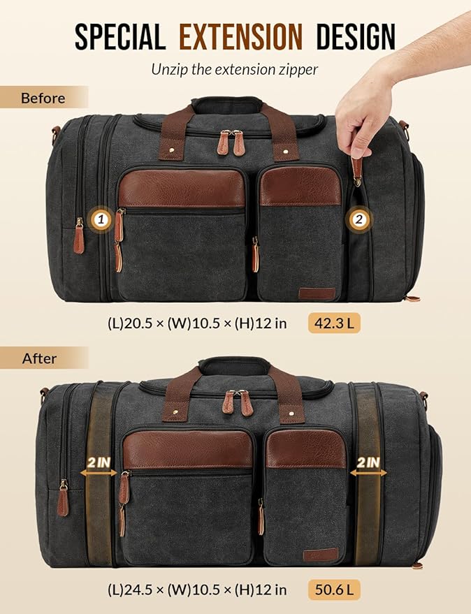 Canvas Duffle Bag for Travel 50L Expandable Travel Duffel Bags for Men Women Overnight Weekend Gym Bag with Shoes Compartment - Dark Grey