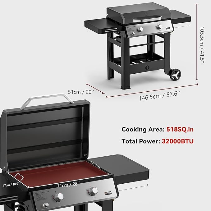 Propane Gas Griddle, 2-Burner Outdoor Gas Stove with 518 sq.in Cooking Area, Foldable Side Tables, Flat Top Grill Griddle for Patio Barbecue, Backyard BBQ Party, GS351