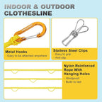 Portable Travel Clothesline, Windproof Clothes Laundry Line with Clothespins & Hang Holes, Indoor & Outdoor Clothes Drying Rope for Hotel, Backyard,Cruise Ships, Camping (Yellow, 16 Ft)