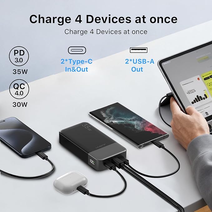 JUOVI Power Bank Portable Charger 20000mAh 35W Fast Charging，PD 3.0 QC 4.0 Phone Charger with LED Display, Travel Battery Pack 2 USB C 2 USB A Ports for iPhone 16/15/14 Series, Galaxy, iPad