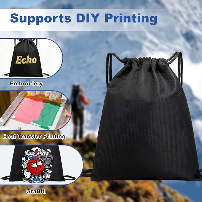 5-Pack Waterproof Drawstring Backpacks, Soccer-Texture Oxford Fabric, 16.9" × 13.8", Lightweight 0.20 lb Each, No Eyelets, Gym & Marathon Gear Sacks(Black)