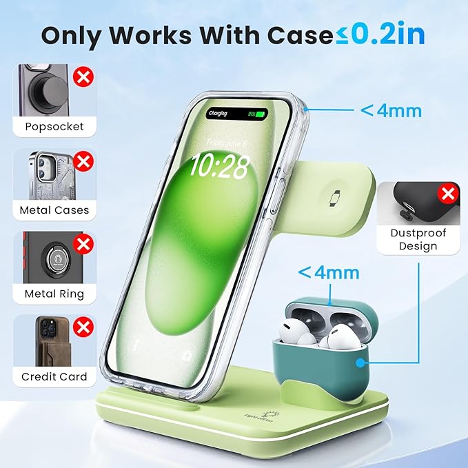 WAITIEE Wireless Charger 3 in 1 Charging Station for for iPhone 16 15 14 13 12 11 X 8 & for Apple Watch, for AirPods 1/2/3/Pro/Pro 2 with Lightning Charging Case(Green)