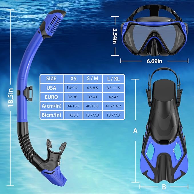 Snorkeling Gear for Adults, Mask Fin Snorkel Set, Dry Top Snorkel, Snorkeling Kit Travel Diving Package, Panoramic View Anti-Fog Anti-Leak Adjustable Swim Fins