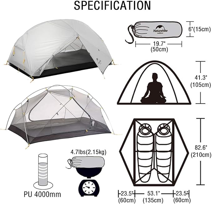 Naturehike Mongar Backpacking Camping Tent 2 Person Lightweight 3 Season Waterproof Hiking Tent Double Crossbars Easy Setup Double Layer for Hunting Outdoor Mountaineering Travel with Footprint