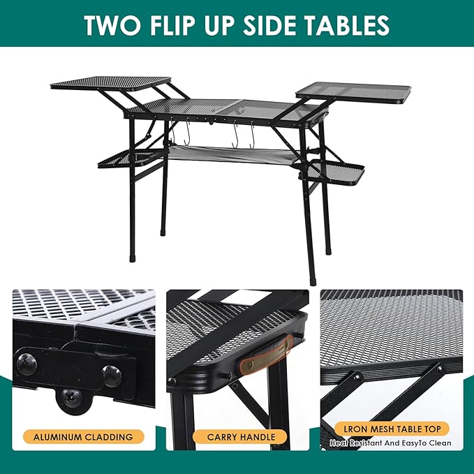 CDEN Camping Table, Campact Table, Folding Portable Tables, Tailgate Tables, with Side Table, 4 Side Shelves, mesh net, for Camping, Picnic, BBQ