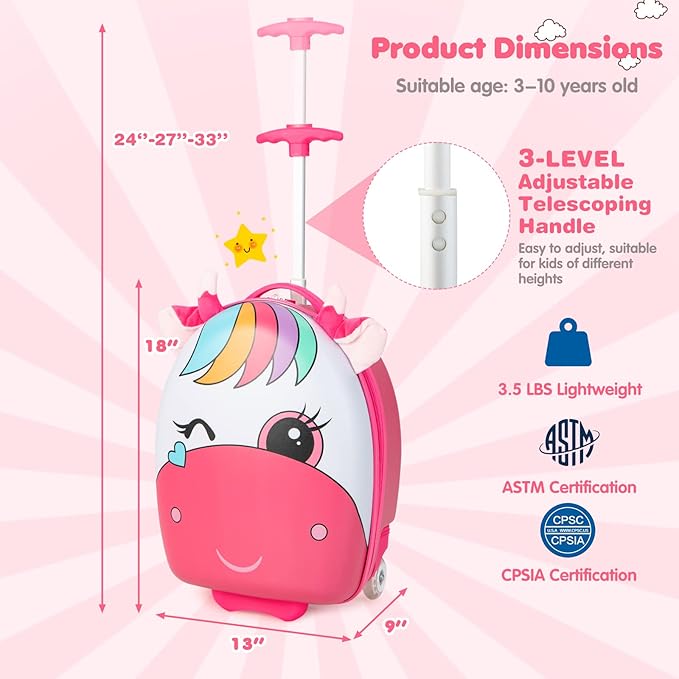 Goplus Kids Luggage, 16’’ Carry on Suitcase with LED Wheels, Waterproof Hard Shell, Lightweight Rolling Luggage for Travel, Birthday Christmas Gifts for Toddlers, Children, Boys, Girls (Pink)