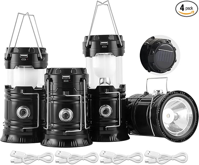 Lichamp Collapsible Portable Solar Camping Lantern, USB Rechargeable LED Flashlight - Survival Kits for Power Outages Hurricane Supplies Emergency, Indoor & Outdoor, 4-Pack