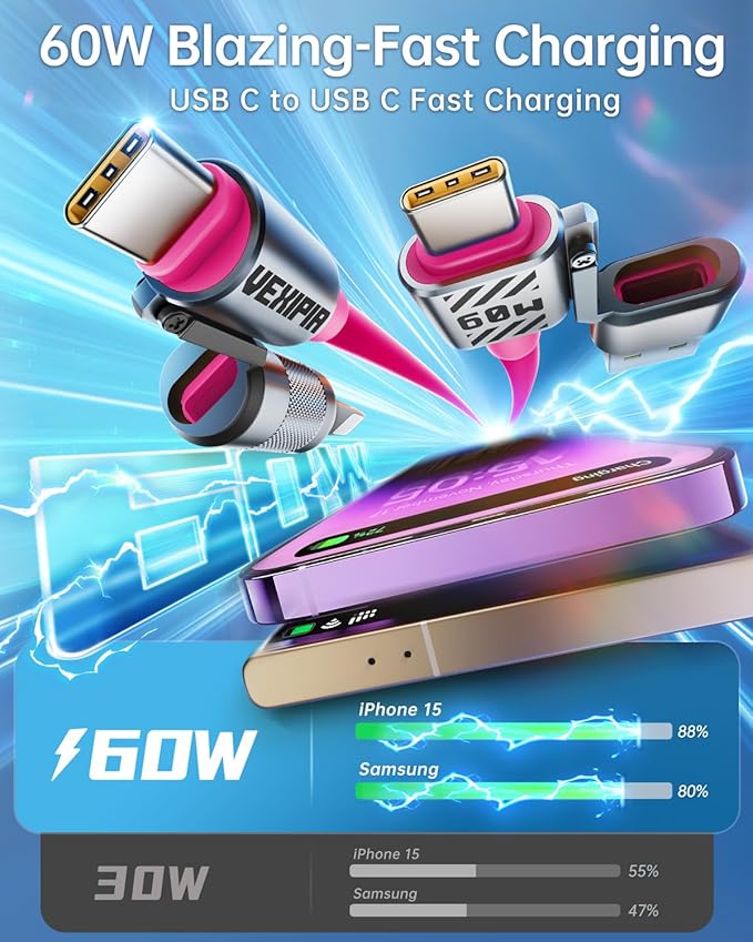 4 in 1 USB C Cable 60W 5FT Fast Charging & Data Transfer, Thicker Silicone Multi Charger Cord for iPhone iPad Charger Wire Combo with L/Type C/USB A for iPhone 16/15/Macbook (Pink)