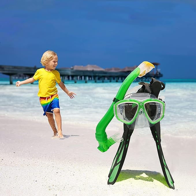 Kids Mask Fins Snorkel Set Snorkeling Packages, with Diving Mask, Snorkel, Adjustable Swim Fins, Mesh Bag, Anti-Fog Anti-Leak Snorkeling Gear for Kids for Snorkeling Swimming Diving