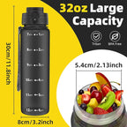 OLDLEY 32 oz Water Bottle, Motivational Water Bottle with Time Marker, Sports Water Bottle With Strap, Leakproof & BPA Free Large Water Bottles for School, Gym, Travel, Outdoor, Tritan,Black