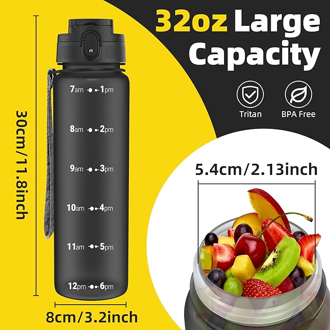 OLDLEY 32 oz Water Bottle, Motivational Water Bottle with Time Marker, Sports Water Bottle With Strap, Leakproof & BPA Free Large Water Bottles for School, Gym, Travel, Outdoor, Tritan,Black