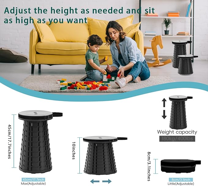 Portable Telescoping Stool, Retractable Folding Stool for Camping Garden Fishing Hiking Travel BBQ, Adjustable Collapsible Stools (Black)