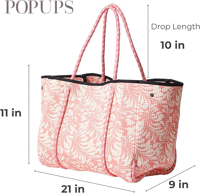 POPUPS Large Neoprene Tote Bag for Women – Stylish Work, Beach, Travel Bag with Pockets, Rope Handles with Zipper Pouch