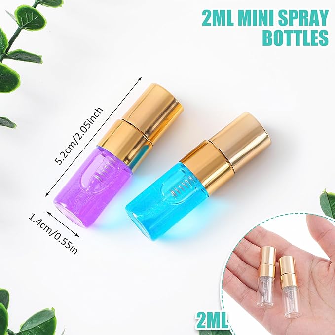 Zhehao 200 Pcs Mini Spray Bottles 2 ml Clear Glass Perfume Bottles Refillable Fine Mist Perfume Atomizer Portable Empty Sample Containers for Cleaning, Essential Oils, Travel (Gold Cap)