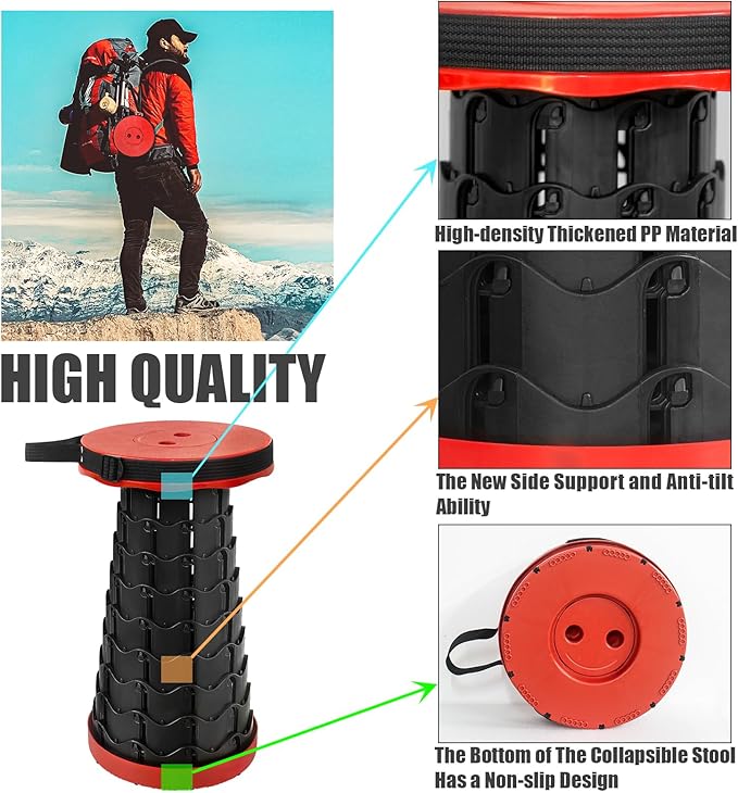 2PCS Upgraded Collapsible Stool Thickened Set, Portable Stool Folding Stools, Foldable Chair for Camping Fishing Hiking BBQ and Outdoor Activities - Max 400lbs（Red）