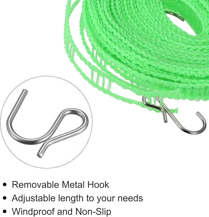 uxcell Portable Clothesline, 9.84ft Nylon Windproof Non-Slip Washing Line Rope for Courtyard Outdoor Travel Camping Laundry Drying, Green