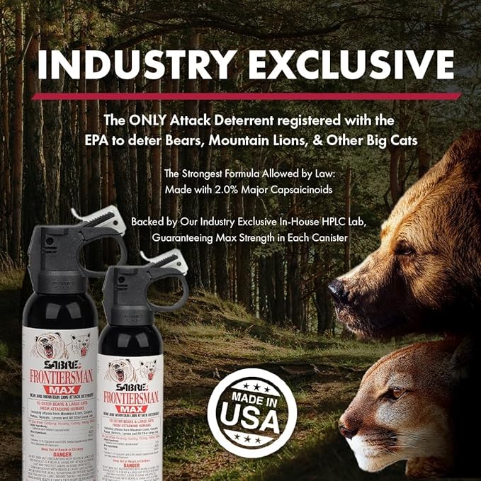 SABRE Frontiersman MAX Bear Spray – 40 ft Range, Maximum Strength, The Only EPA-Registered Spray for Bears & Mountain Lions, 9.2 oz, Glow Safety Clip, Outdoor Hiking & Camping Protection