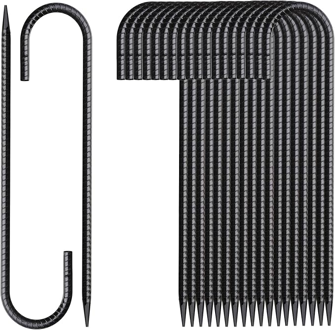 Rebar Stakes 16 Inch 20 Pack J Hook Ground Stakes Heavy Duty Tent Stakes Chain Link Fence Stakes with Chisel Point End Galvanized Steel Ground Anchors Metal Spikes Black Coated