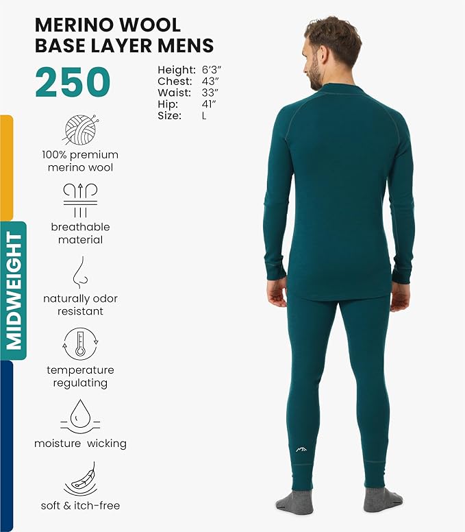 Merino.tech Men’s Merino Wool Base Layer Set – Zip-Up Heavyweight, Midweight Thermal Top & Bottom