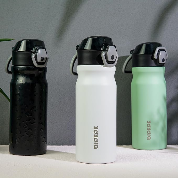 BJPKPK Water Bottle With Straw 18oz Insulated Water Bottles Reusable Stainless Steel Metal Thermo With Leak Proof Lockable Lid And Carry Handle,White