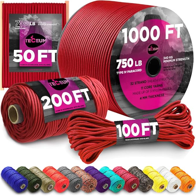 TECEUM 5/32" Paracord Rope 1000 – 1000ft / 200ft / 100ft / 50ft – Tactical Parachute Cord 4mm – 45+ Colors – Nylon String for Survival & Camping Gear – Stripe Cord for Survival – Utility Rope