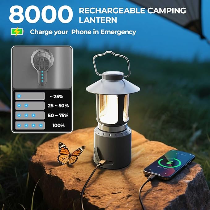 Camping Lantern Rechargeable, 8000mAh Power Bank, Telescopic Tent Light with 360° Lighting, Dual Light Source (LED & Vintage Filament), 3 Light Modes (2000K-6500K) Tent Lamp for Camping, Emergency