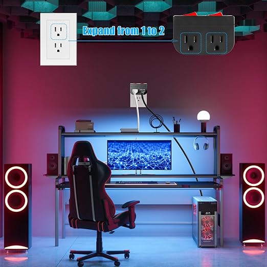 Grounded Outlet with Double ON Off Switch,VSEER 2 Port Electrical Outlet Plug Switch 15A 1875W / Wall Tap Adapter with Daul Red Indicator, ETL Listed (Black 2-Pack)