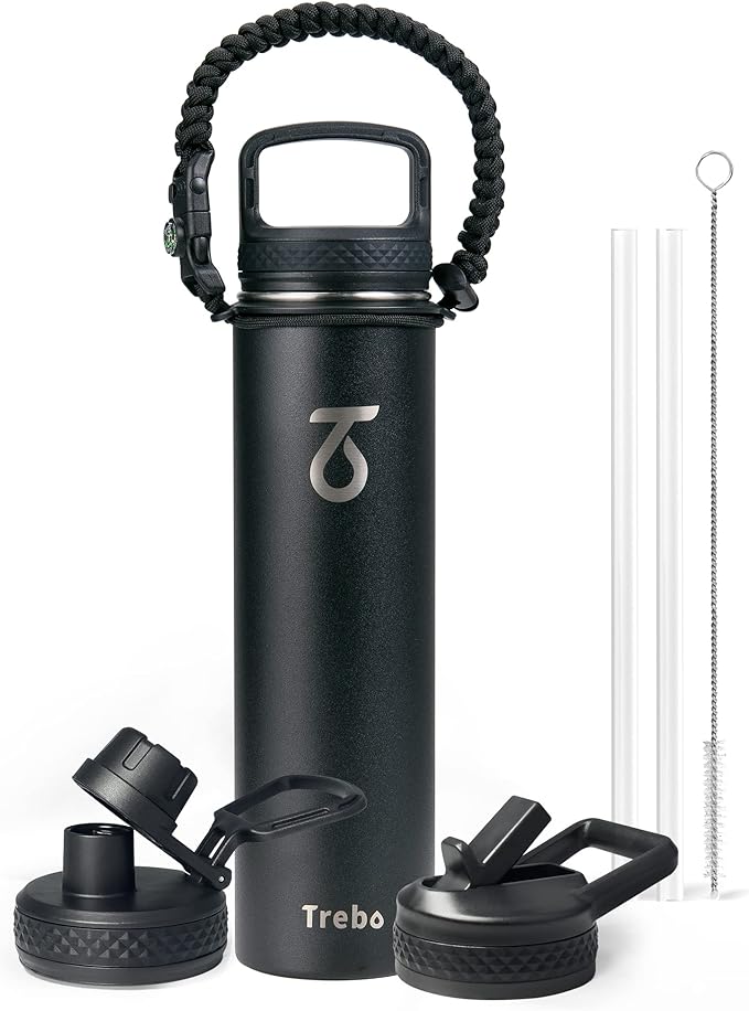 Trebo 24 oz Water Bottle Insulated with Lid and Straw,Double Wall Vacuum Stainless Steel Metal Tumbler Sports Flask with Paracord Handle, Keep Hot 24 Hours & Cold 48 Hours Water Cup with 3 Lids, Black