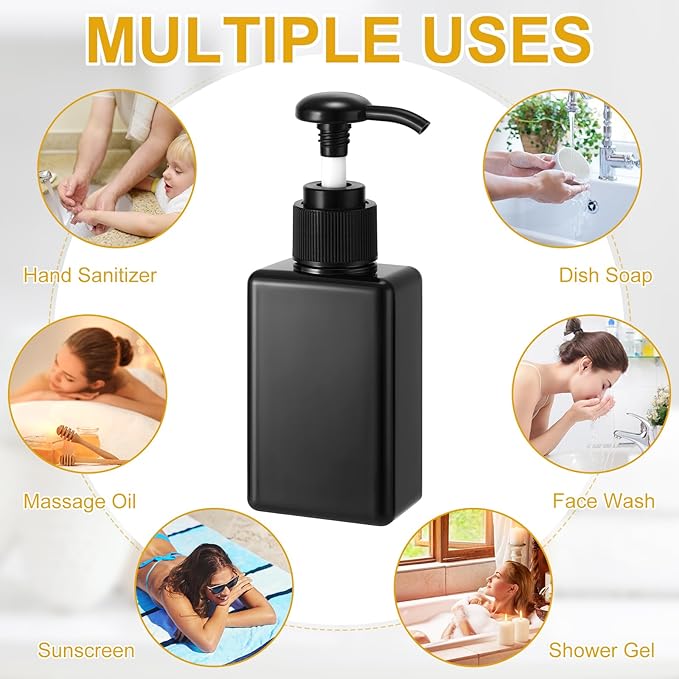 Domensi 12 Pcs 100ml /3.4 oz Pump Bottle Mini Travel Bottles Small Dispenser Containers Plastic Pump Lotion Dispenser Empty Square Travel Size Containers Toiletries (Whole Black)