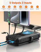 GOODaaa Solar Charger Power Bank, Portable Wireless Charger 36800mAh with Five Solar Panels Built-in Four Cable Five Outputs Outdoor Battery Pack for Cell Phone with Dual Flashlights, Carabiner