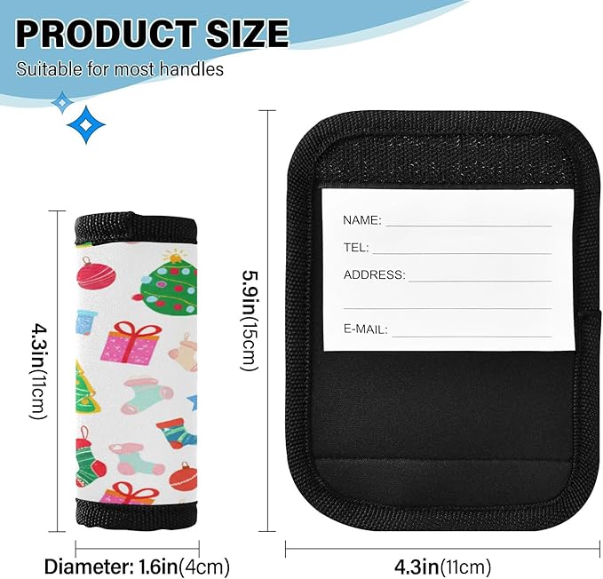 4 Pack Christmas Pattern Luggage Handle Wrap, Detachable Luggage Tag, Neoprene Suitcase Wrap with Comfort Grip & Bright Identifier for Suitcase, Travel Bag, Sports Bag